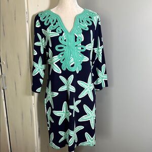 Crown & Ivy Elegant Navy, Green & White Starfish Patterned Dress.